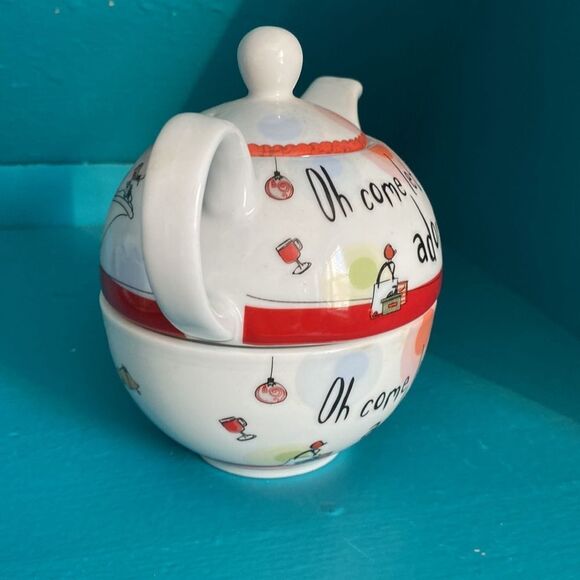 Whimsical Born To Shop Tea for One Stacking Cup & Teapot Oh Come Let Us Adore Me - Picture 2 of 7
